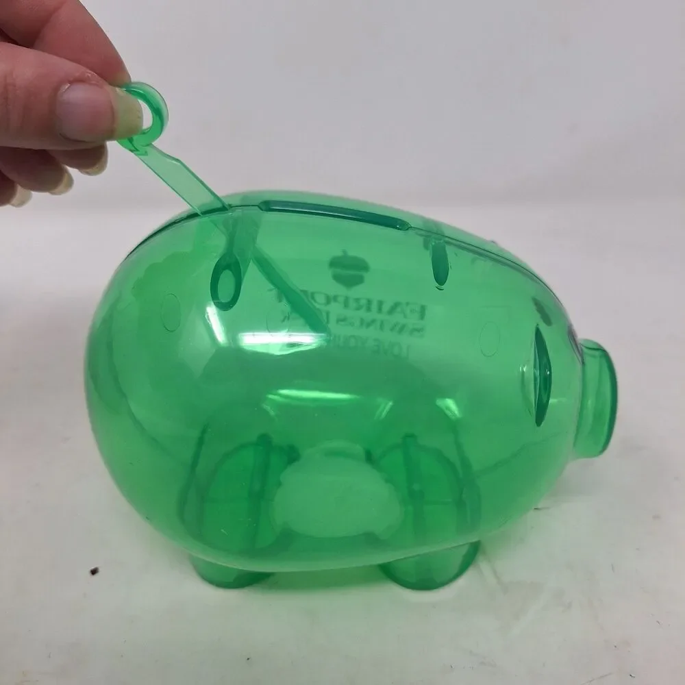 Fairport Savings Bank Green Sheer Plastic Piggybank Pig Coin Storage Novelty